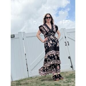 Angie Boho Floral Print Black and Pink Maxi Dress
